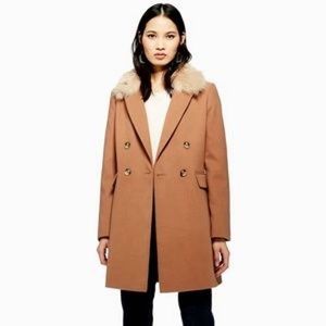 Topshop Petite Tan Coat with Detachable Fur Collar